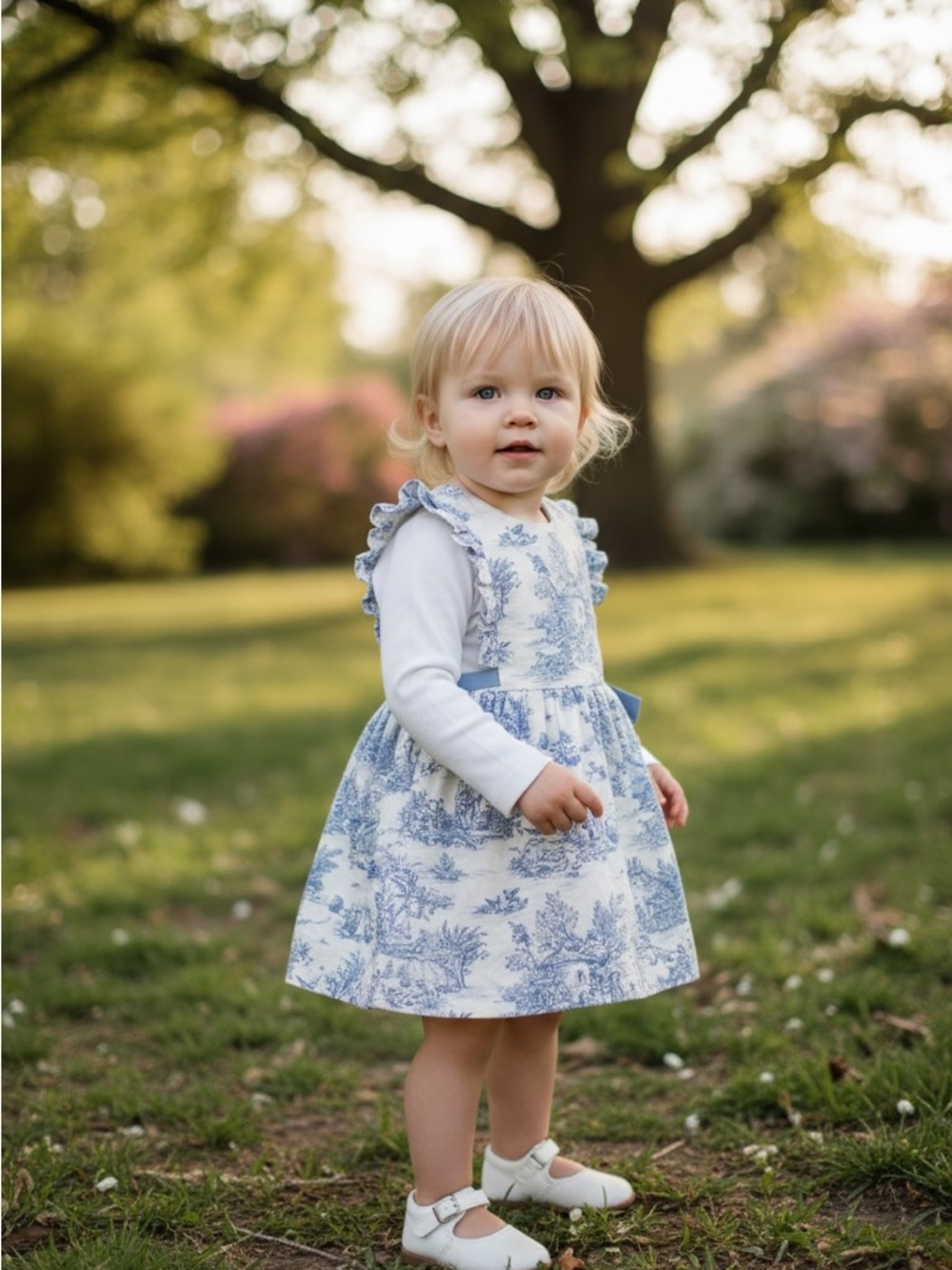 Toile de Jouy apron dress version Ruffle on the sides 36 Months
